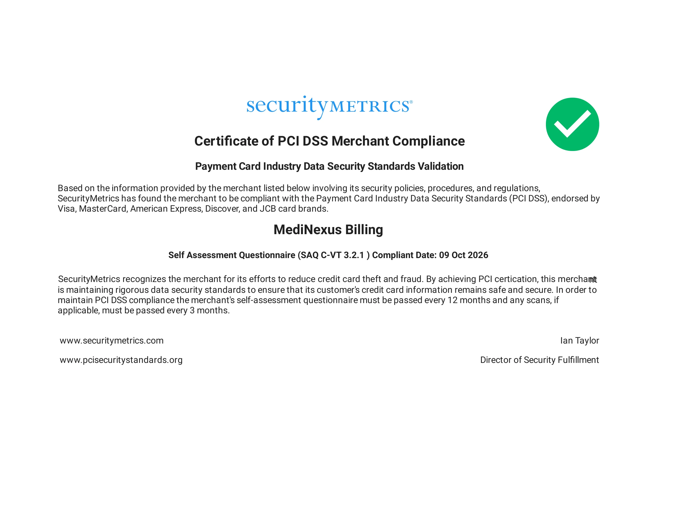 Certificate of PCI DSS Merchant Compliance